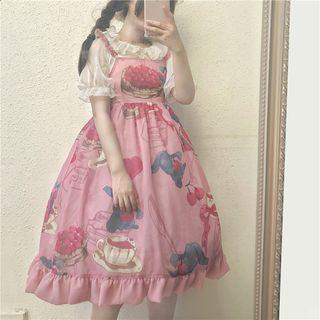 Printed Sleeveless Midi A-line Dress / Elbow-sleeve Blouse
