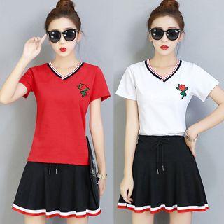 Set: V-neck Embroidered Short-sleeve T-shirt + Striped Trim A-line Skirt