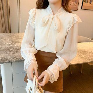 Ribbon Tie-neck Lace Trim Blouse