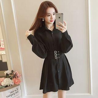 Long-sleeve Wide Belt Mini Shirt Dress