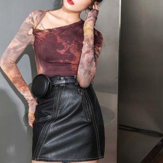 Long-sleeve Tie-dyed Asymmetrical T-shirt