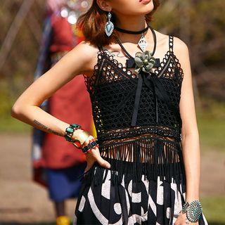 Lace Fringed Cropped Camisole Black - M