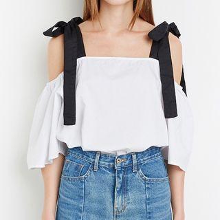 Tie-strap Cutout Shoulder Elbow Sleeve Blouse