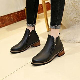 Faux Leather Block Heel Zip Ankle Boots