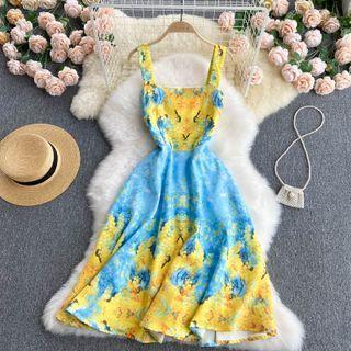 Square-neck Print Spaghetti-strap Dress