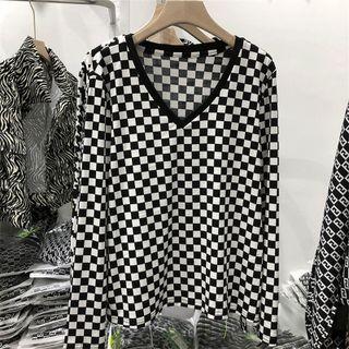 Long Sleeve V-neck Print T-shirt