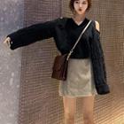 V-neck Cutout Shoulder Sweater / High Waist Mini Skirt