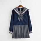 Set: Sailor Collar Long-sleeve Top + Pleated Mini Skirt