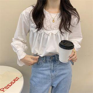 Bell-sleeve Lace Panel Frill Trim Plain Blouse White - One Size