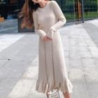 Long-sleeve Sheath Ruffle Knit Midi Dress