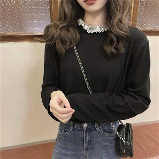 Mock-neck Lace Top Black - One Size