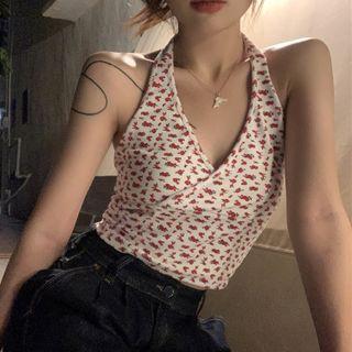 Flower Print Halter Top Red Floral - White - One Size