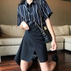 Short Sleeve Striped Blouse / Asymmetric Hem Skirt
