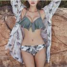 Set Of 3: Ruffle Trim Bikini Top + Printed Swim Bottom + Cover-up