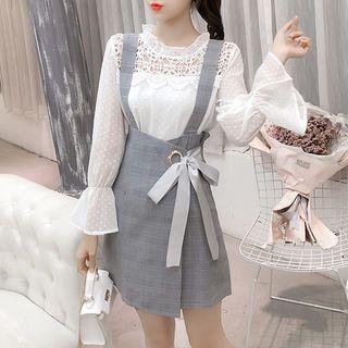 Set: Perforated Mesh Blouse + Plaid Mini A-line Suspender Skirt