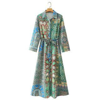 Long-sleeve Paisley Print Midi Shirtdress