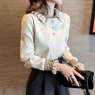 Ruffle Trim Polo-neck Knit Top