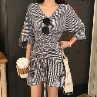 3/4-sleeve Plaid Drawstring Mini A-line Dress Gingham - Black & White - One Size