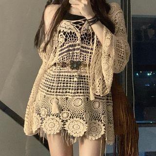 Bell-sleeve Pointelle Knit Top / Butterfly Belt