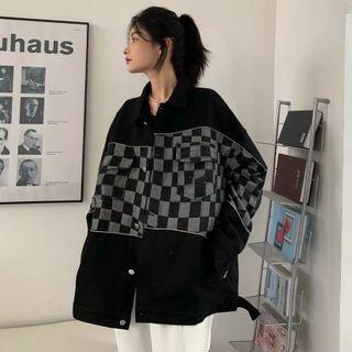 Checkered Panel Denim Jacket Black - One Size