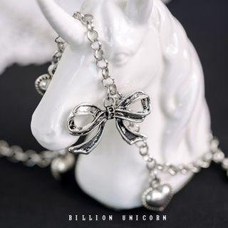 Alloy Bow Pendant Necklace Black Ribbon - Silver - One Size