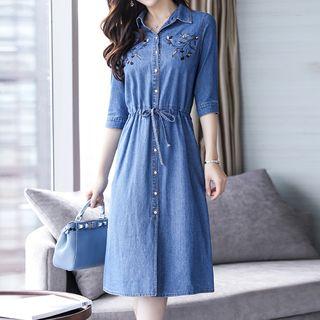 Floral Embroidered Elbow-sleeve Denim Shirt Dress