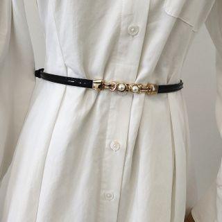 Faux Leather Faux-pearl Buckled Slim Belt