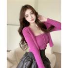 Knit Bandeau / Faux Leather A-line Skirt / Cardigan / Set