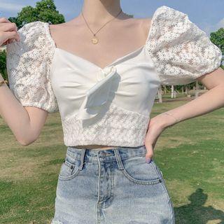 Balloon-sleeve Bow Floral Embroidered Blouse