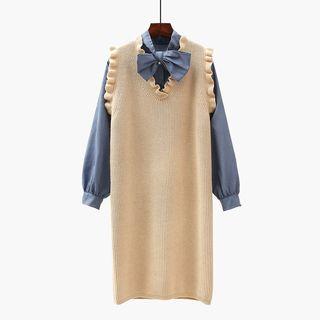 Set: Tie-neck Shirt + Sleeveless Frill-trim Knit Dress