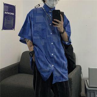 Elbow-sleeve Patchwork Shirt Blue - One Size