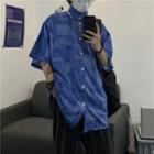 Elbow-sleeve Patchwork Shirt Blue - One Size