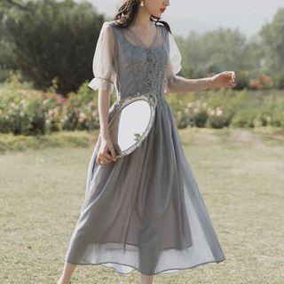 Mesh-sleeve Lace Panel Midi A-line Dress