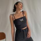 Butterfly-embroidered Furry-knit Crop Top In 5 Colors
