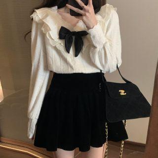 Fluffy Button Jacket / Long-sleeve Ruffled Bow Knit Top / Mini A-line Skirt