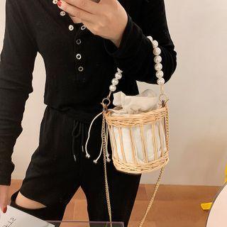 Faux Leather Woven Bucket Bag Off-white - One Size