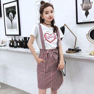 Set: Sequined Short-sleeve T-shirt + Striped Suspender Skirt
