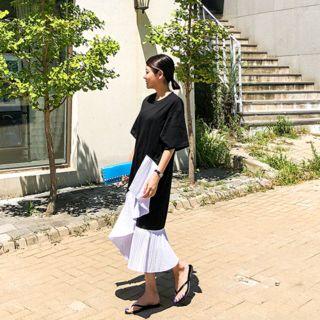 Color-block Pleated-hem Dress Black - One Size