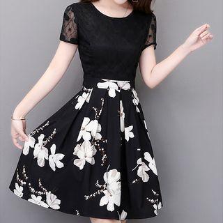 Mock Two-piece Short-sleeve Floral Print Panel Dress