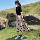 Short-sleeve Plain Knit Top / High-waist Dotted Skirt