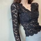 V-neck Chunky Knit Sweater / Lace Long-sleeve Top