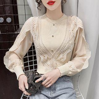 Long-sleeve Frill Chiffon Trim Knit Top