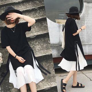 Set: Short-sleeve T-shirt + Strappy Pleated Midi Dress