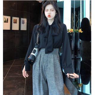 Tie-neck Shirt / High-waist Wide-leg Pants