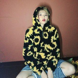 Faux Shearling Floral Pattern Hoodie
