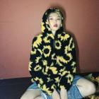 Faux Shearling Floral Pattern Hoodie