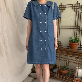 Short-sleeve Double Breasted Dress Blue - One Size