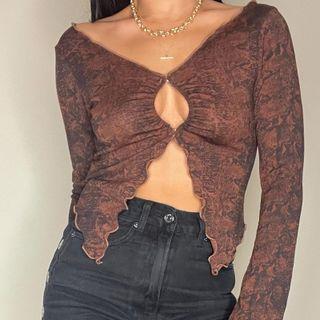 Cutout Ruffle-trim V Neck Long Sleeve Top