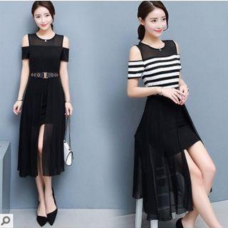 Cold Shoulder Slit Front Midi A-line Dress