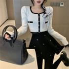 Long-sleeve Contrast Trim Knit Crop Top / Rhinestone Mini A-line Skirt